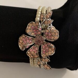 Elegant Pink and Silver Floral Pearl Beaded Bracelet